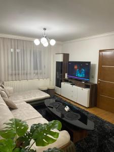 a living room with a couch and a tv at Villa Green in Sarajevo
