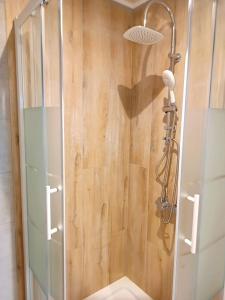 a shower with a glass door in a bathroom at Gasthaus Tauchen Family Apartment in Mönichkirchen
