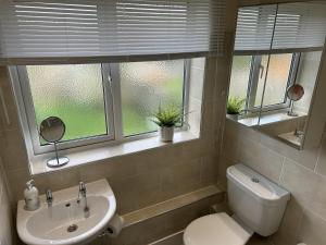 a bathroom with a toilet and a sink and two windows at 2-Bed Apartment in Coleshill in Birmingham