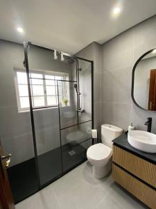a bathroom with a shower and a toilet and a sink at Nini Beach House in Aroeira