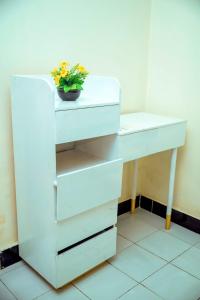 a white desk with a potted plant on it at Travellers Home near Mlimani City Mall with free parking in Dar es Salaam
