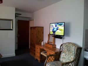 a living room with a flat screen tv and two chairs at Kilmichael House in Drumnadrochit