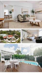 a collage of pictures of a living room and a pool at Urban Getaway Bardon Luxe 4 bed 3 bath + pool in Brisbane