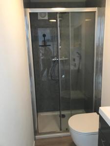 La salle de bains est pourvue d'une douche en verre et de toilettes. dans l'établissement Uniek overnachten in een Tiny House op de Appelhof, à Wommels
