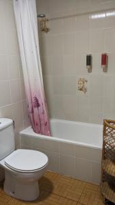 La salle de bains est pourvue de toilettes et d'une baignoire avec rideau de douche. dans l'établissement Apartamento Turístico Dalmacia, à Gata