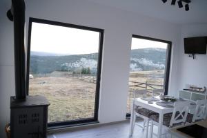 a room with a large window with a table and a stove at Tiny House Maguri in Măguri