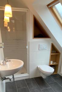 a bathroom with a sink and a toilet at Ferienwohnung Schmilau in Schmilau