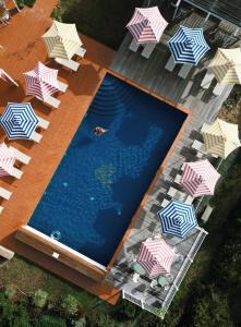 an overhead view of a swimming pool with umbrellas at Villa Lena in Palaia