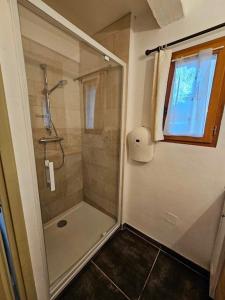 ein Bad mit einer Dusche und einer Glastür in der Unterkunft Maison au pied des Alpilles - Paradou in Paradou