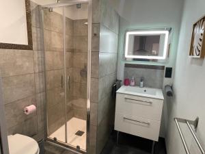 een badkamer met douche, toilet en wastafel bij Plage à 400 m Studio tout confort Terrasse Clim Parking in Hyères