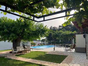 un patio avec un arbre et une piscine dans l'établissement Stancia Rosa - cozy apartment, à Poreč