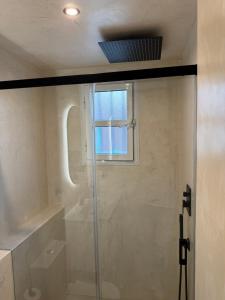 een badkamer met een douche en een glazen deur bij Casa Boutique Plaza de Armas -Townhouse- in Sevilla