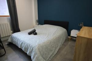 a bedroom with a bed with a black object on it at La brique Rouge, 5P Parking in Noeux-les-Mines