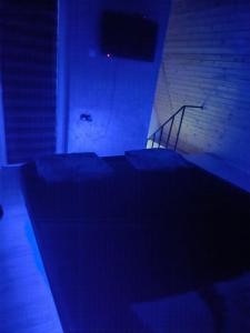 a dark room with a bed with blue lights at Vikendica Kelebija in Subotica