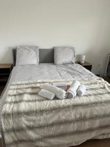 a bed with two towels and two pillows on it at Appartement luxueux Au coeur de lille in Lille