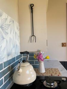 a kitchen with a tea kettle on a counter at Marsh Farm Glamping Shepherd Hut in Langport