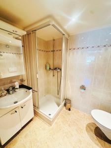 a bathroom with a shower and a sink and a toilet at Montreux IX in Montreux
