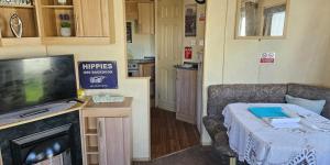a living room with a couch and a tv in a caravan at J.R. Holiday Homes in Clacton-on-Sea
