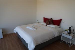 um quarto com uma grande cama branca com almofadas vermelhas em Stay at the Winemaker em Ervedosa do Douro