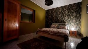 1 dormitorio con 1 cama en una habitación con pared en Ferienhaus am Theiß-See Bella en Tiszaderzs