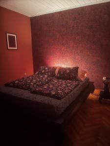 a bedroom with a bed with a red wall at Ferienhaus am Theiß-See Bella in Tiszaderzs