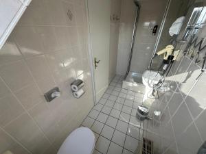 a bathroom with a shower and a toilet in it at Gästehaus am Harz in Goslar