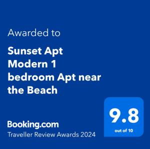 ใบรับรอง รางวัล เครื่องหมาย หรือเอกสารอื่น ๆ ที่จัดแสดงไว้ที่ Sunset Apt Modern 1 bedroom Apt near the Beach