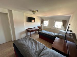 a living room with a bed and a desk at Gästehaus am Harz in Goslar