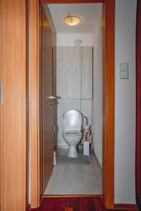 a bathroom with a white toilet in a room at Contact Apartman in Bardejov