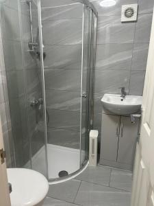 La salle de bains est pourvue d'une douche et d'un lavabo. dans l'établissement London Holiday Home, à Londres