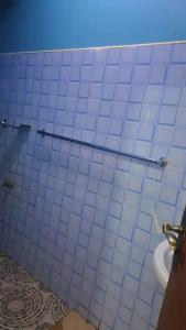 a bathroom with blue and white tiled walls and a toilet at L&A Homes in Kisii