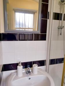 a bathroom with a white sink and a mirror at Urban Oasis Loft in Bradford