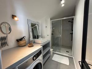 een badkamer met een wasmachine en een wastafel bij Duplex apartment with terrace and closed parking - Stade Charléty Paris in Arcueil