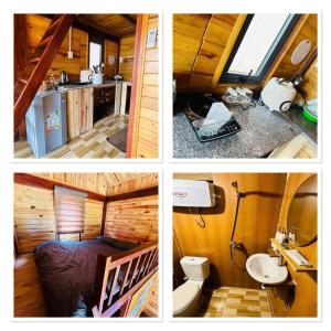three pictures of a bathroom and a bedroom in a tiny house at TopView Măng Đen in Kon Von Kla