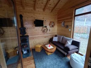 a living room with a couch and a stove at Wooden Mountain Villa in Berovo