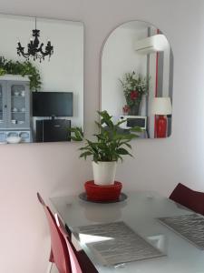 a dining room table with a potted plant on it at La Mandragola Garden in Berra