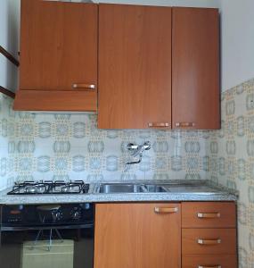 a kitchen with wooden cabinets and a sink at Da Vinci Refuge 2 in Limonta