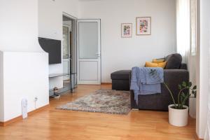uma sala de estar com um sofá e uma televisão em Апартамент за гости Бажолета - светъл и уютен дом в сърцето на Ямбол em Yambol