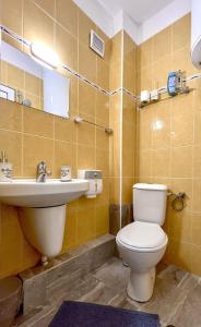 a bathroom with a toilet and a sink at Апартамент за гости Бажолета - светъл и уютен дом в сърцето на Ямбол in Yambol