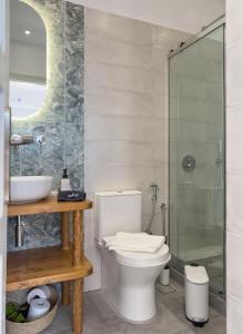 a bathroom with a toilet and a glass shower at The Botanist Guesthouse in Skopelos Town