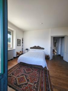 1 dormitorio con 1 cama grande y alfombra en el suelo en Villa Adelaide, en Baveno