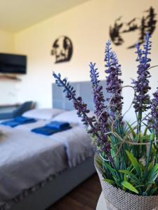 un jarrón lleno de flores púrpuras en un dormitorio en Noclegi Fregata - Pokoje Gościnne w Solinie 661-459-339 en Solina