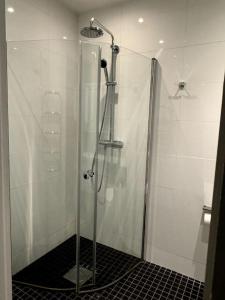 y baño con ducha y puerta de cristal. en Nyrenoverat i centrala Stockholm, en Estocolmo