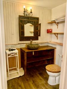 Mortemart的住宿－Maison d'Hôtes de l'Ancien Couvent des Carmes，一间带水槽、卫生间和镜子的浴室