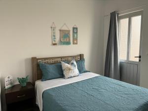 a bedroom with a bed with blue pillows and a window at Techas Near Beach Apt Tarrafal in Tarrafal