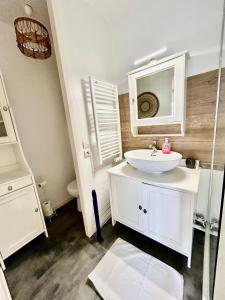 uma casa de banho branca com um lavatório e um espelho em Superbe appartement avec jardin ensoleillé em Blonville-sur-Mer