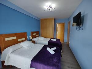 Cette chambre comprend 2 lits et une télévision. dans l'établissement López Estación, à Sarria
