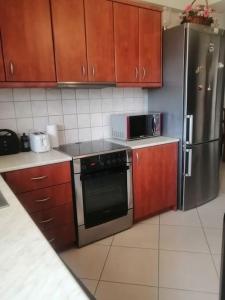 uma cozinha com armários de madeira e um frigorífico de aço inoxidável em Zeus_Apartment_Ioannina em Neochorópoulon