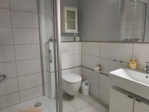 a bathroom with a shower and a toilet and a sink at Holiday apartment Waterdelle in Borkum