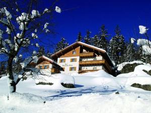 een gebouw in de sneeuw met sneeuw bedekte bomen bij Holiday apartment Sonnenfels I in Bodenmais